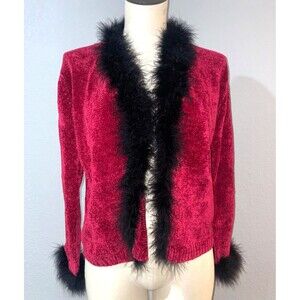 Fio USA Women's Vintage Burgundy Chenille Fur Trimmed Cardigan Jacket Size M